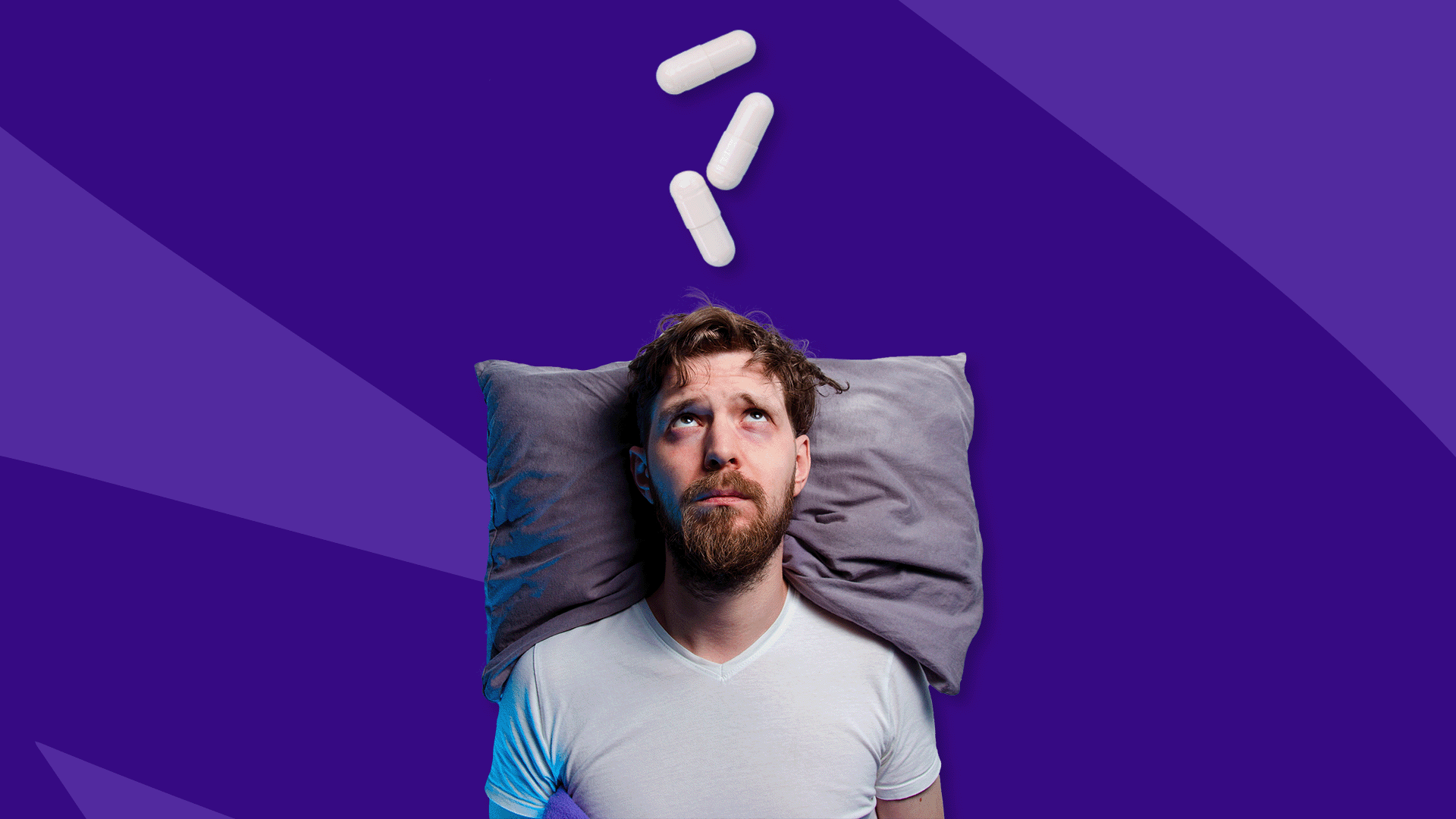 A man in bed with pills above his head represents medications that cause insomnia