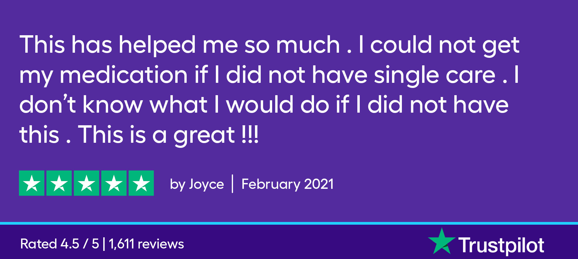 This has helped me so much. I could not not get my medication if I did not have SingleCare. I don't know what I would do if I did not have this. It is great!