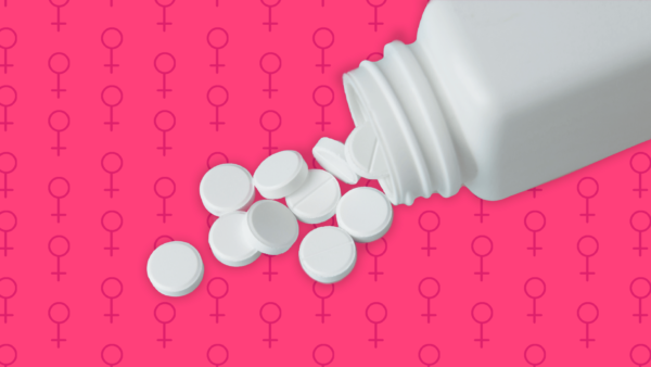 Female gender symbol and spilled bottle of pills: Vyvanse side effects in females