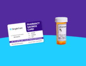 SingleCare savings card and Rx pill bottle: ADHD medication costs 2022