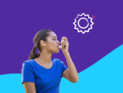 A woman under a sun using an inhaler represents medical conditions exacerbated by heat