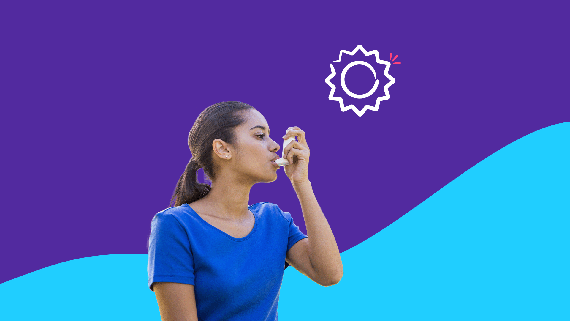 A woman under a sun using an inhaler represents medical conditions exacerbated by heat