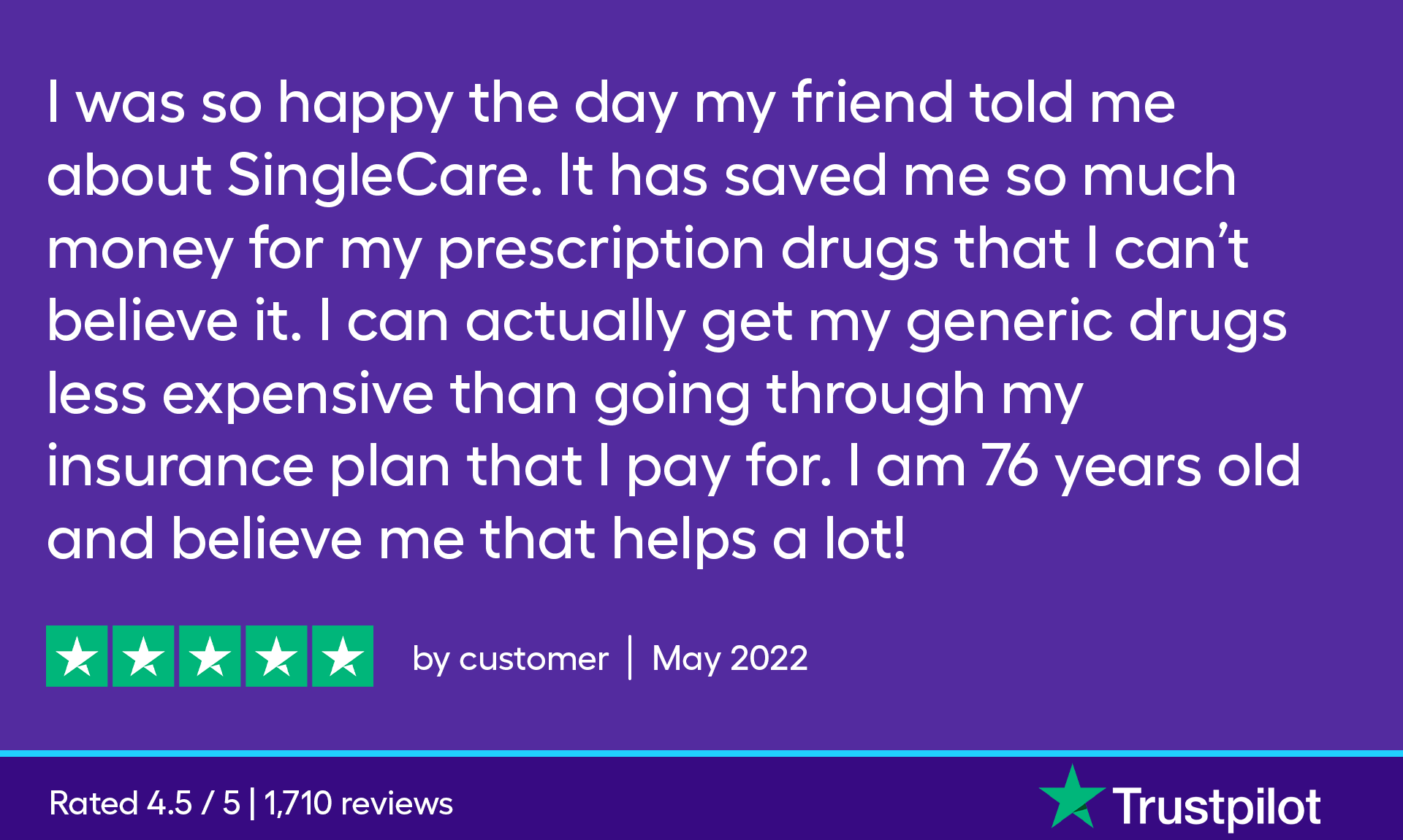 I was so happy the day my friend told me about SingleCare. It has saved me so much money for my prescription drugs that I can't believe it. I can actually get my generic drugs less expensive than going through my insurance plan that I pay for. I am 76 years old and believe me that helps a lot!