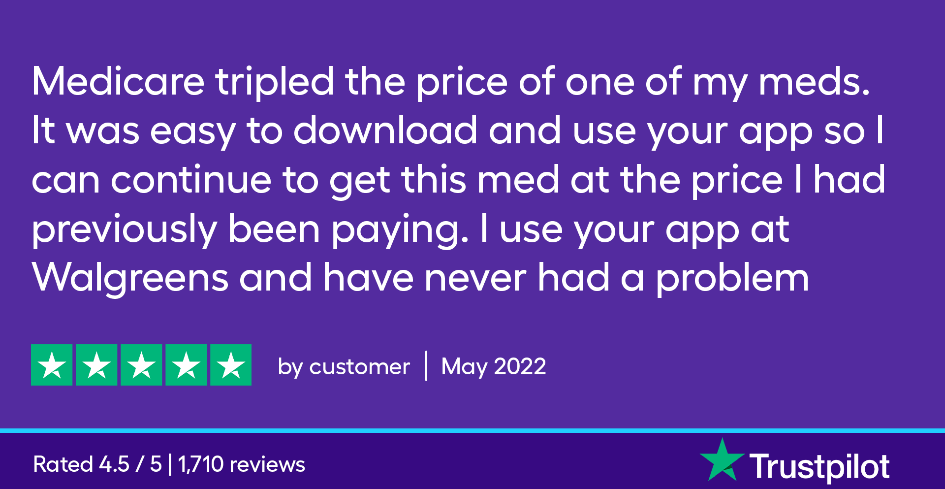 Medicare tripled the price of one of my meds. It was easy to download and use your app so I can continue to get this med at the price I had previously been paying. I use your app at Walgreens and have never had a problem.