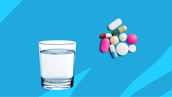 Glass of water and pill illustrations: List of medications that cause dry mouth