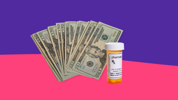 Stack of $20 bills and prescription medicine bottle: Eliquis savings