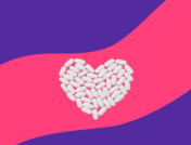 Pills in the shape of a heart represent the side effects of statins