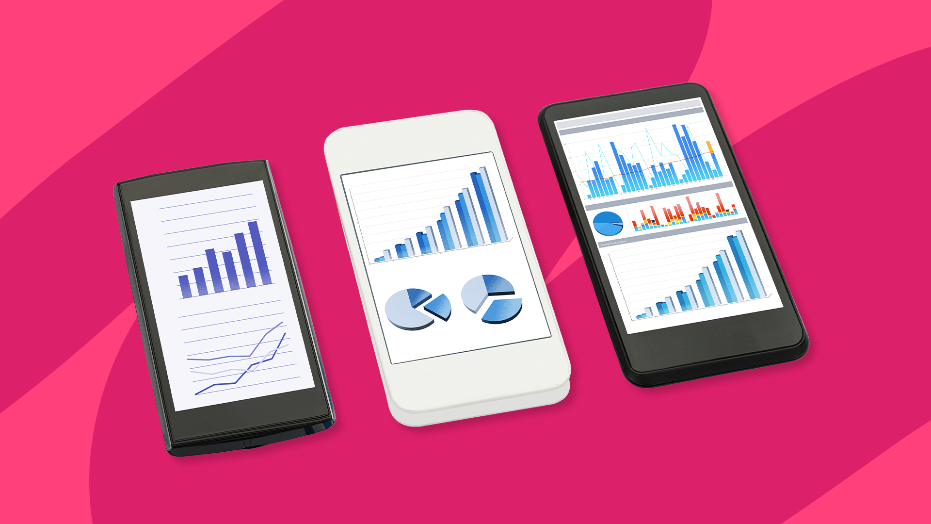 Three phones showing statistics charts: Migraine statistics