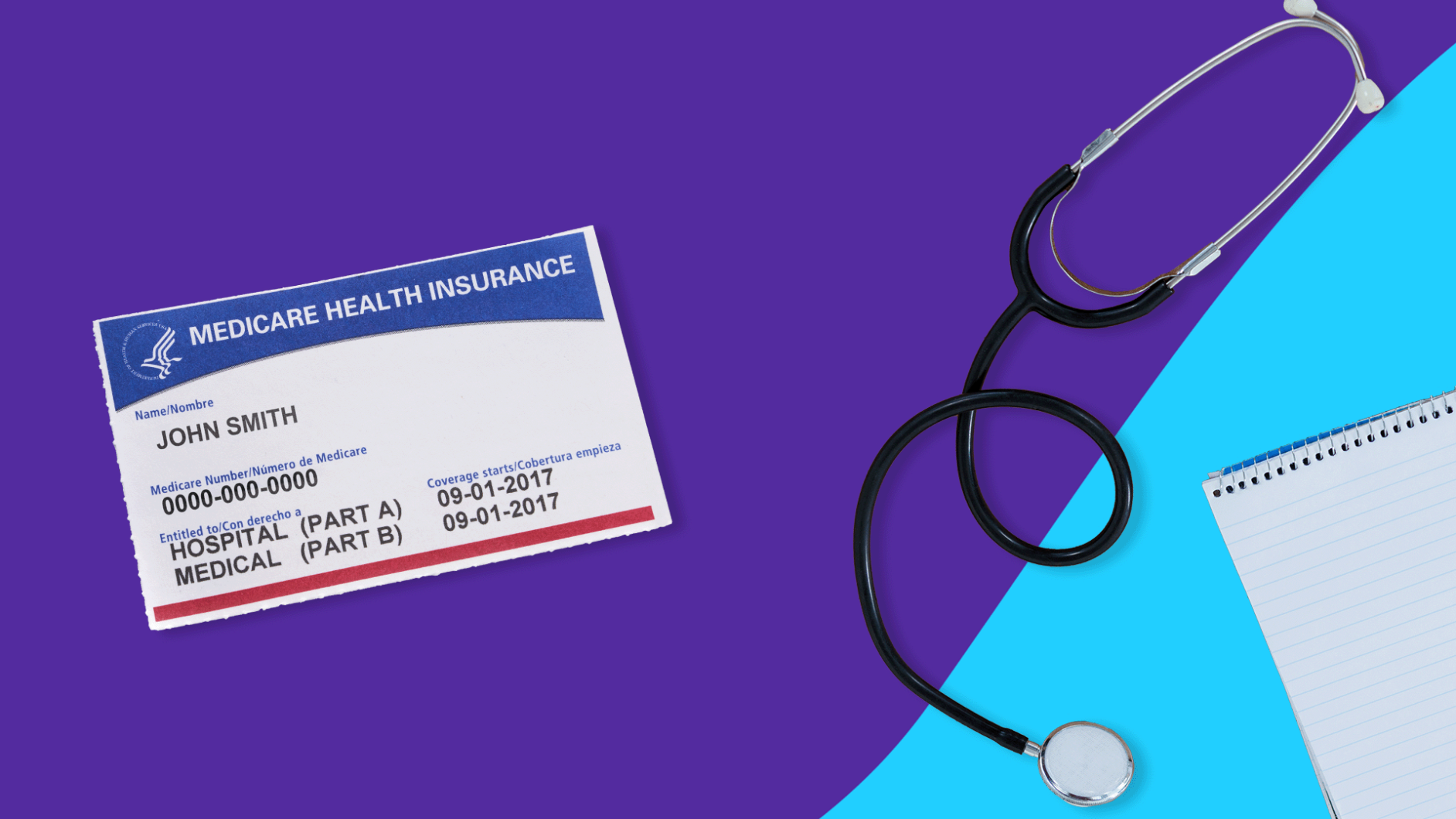 Medicare identification card with stethoscope and notepad: Compare Medicare Advantage Plans