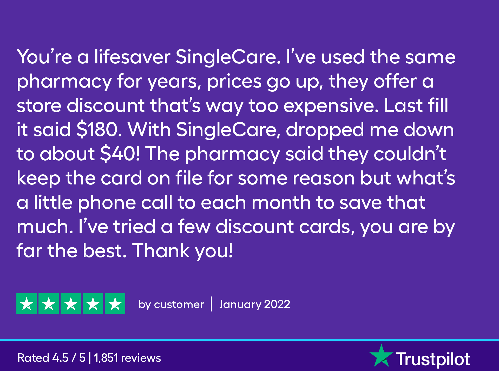You’re a lifesaver SingleCare. I’ve used the same pharmacy for years, prices go up, they offer a store discount that’s way too expensive. Last fill it said $180. With SingleCare, dropped me down to about $40! The pharmacy said they couldn’t keep the card on file for some reason but what’s a little phone call each month to save that much. I’ve tried a few discount cards, you are by far the best. Thank you! 