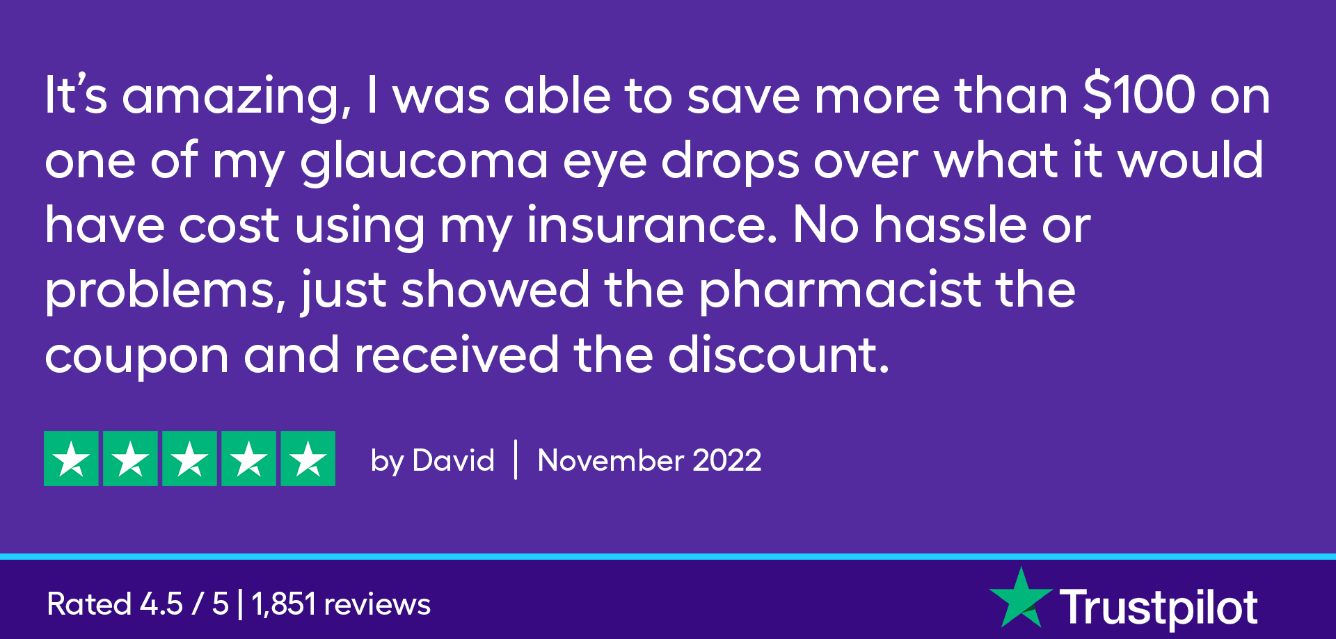 It’s amazing, I was able to save more than $100 on one of my glaucoma eye drops over what it would have cost using my insurance. No hassle or problems, just showed the pharmacist the coupon and received the discount.
