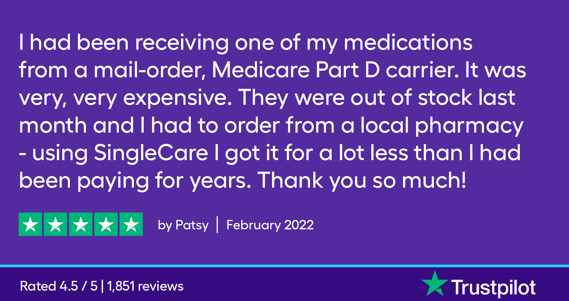 I had been receiving one of my medications from a mail-order, Medicare Part D carrier. It was very, very expensive. They were out of stock last month and I had to order from a local pharmacy- using SingleCare I got it for a lot less than I had been paying for years. Thank you so much!