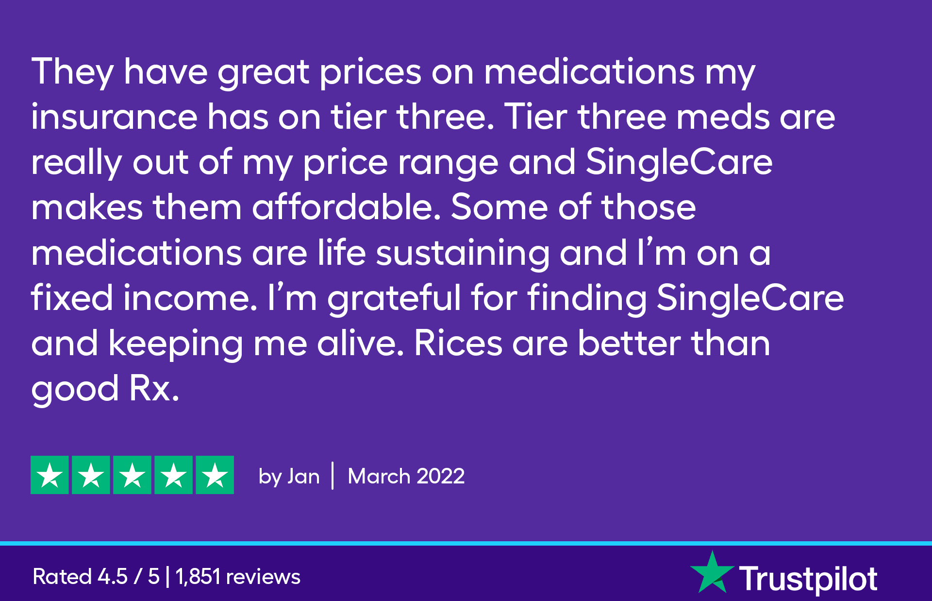 They have great prices on medications my insurance has on tier three. Tier three meds are really out of my price range and SingleCare makes them affordable. Some of those medications are life sustaining and I’m on a fixed income. I’m grateful for finding SingleCare to help keeping me alive. Prices are better than good Rx. 