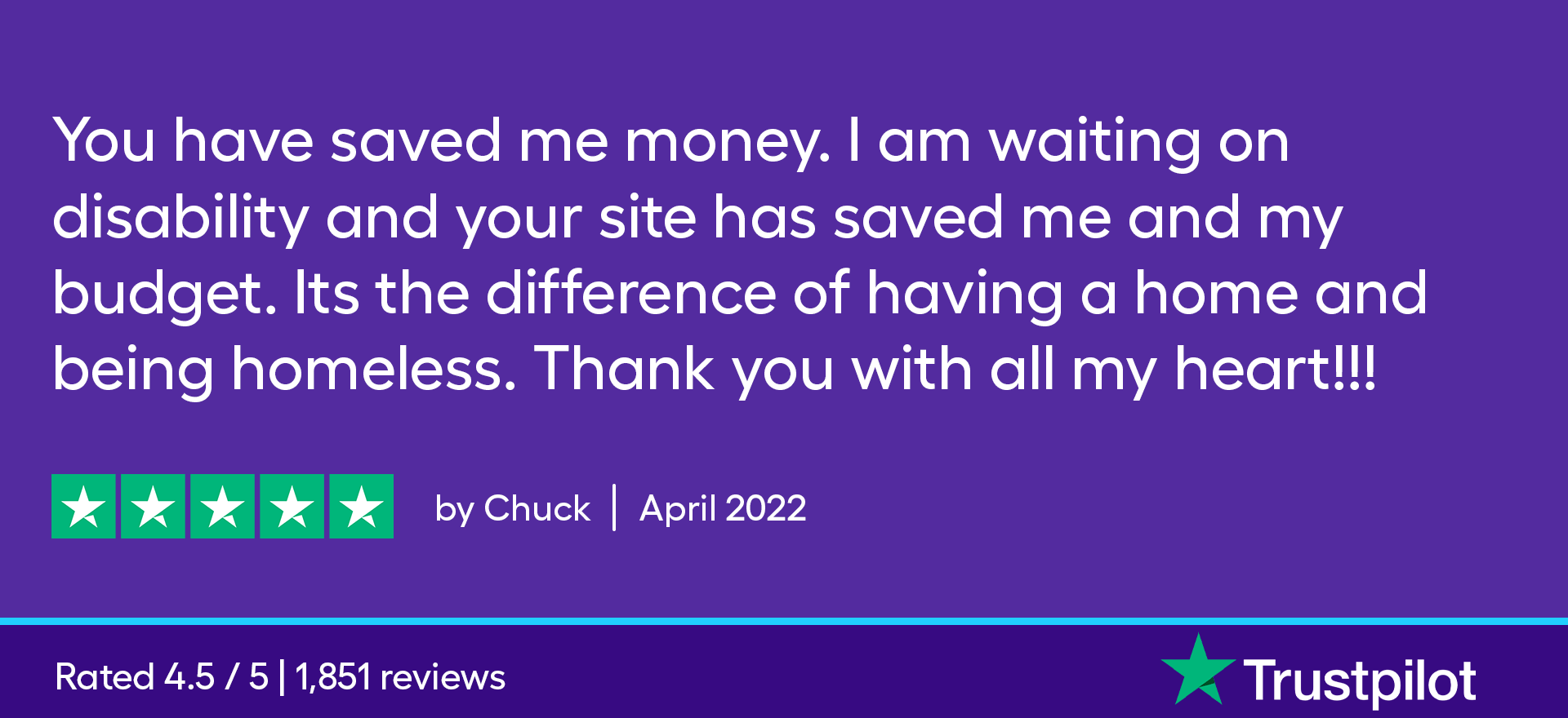You have saved me money. I am waiting on disability and your site has saved me and my budget. It’s the difference of having a home and being homeless. Thank you with all my heart!
