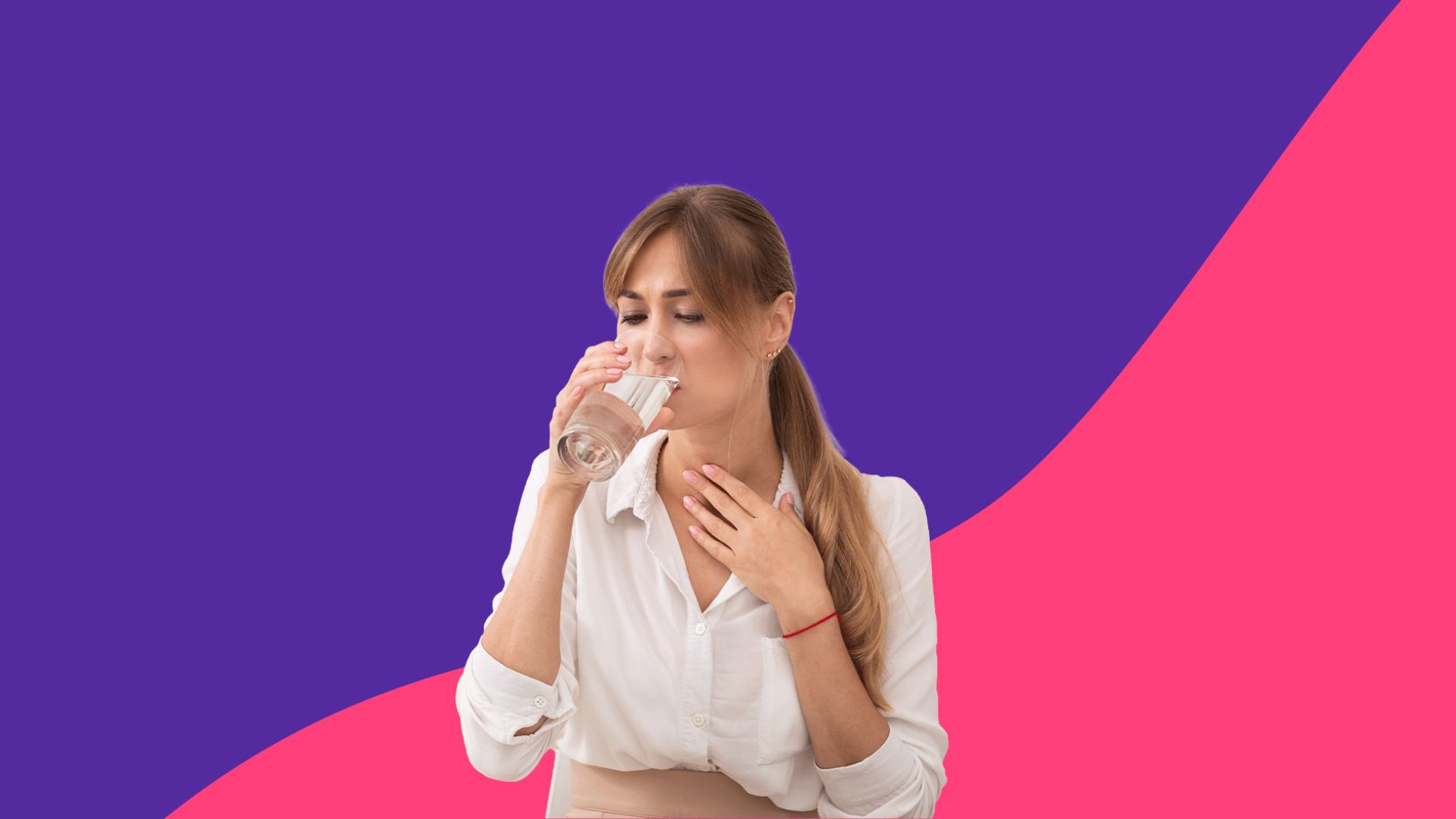 Woman drinking water and touching throat: Strep throat remedies