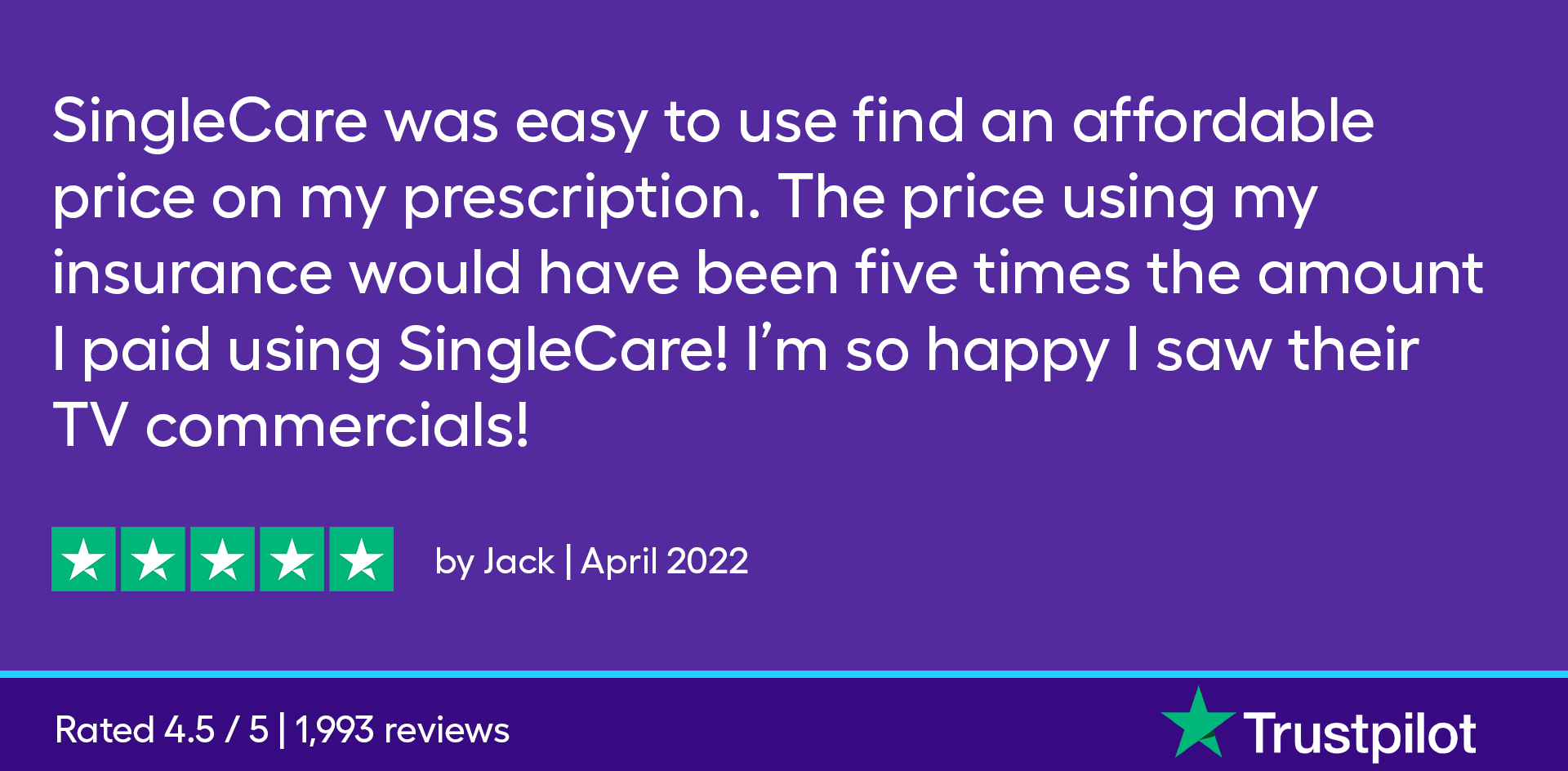 SingleCare was easy to use and find an affordable price on my prescription. The price using my insurance would have been five times the amount I paid using SingleCare! I'm so happy I saw their TV commercials!