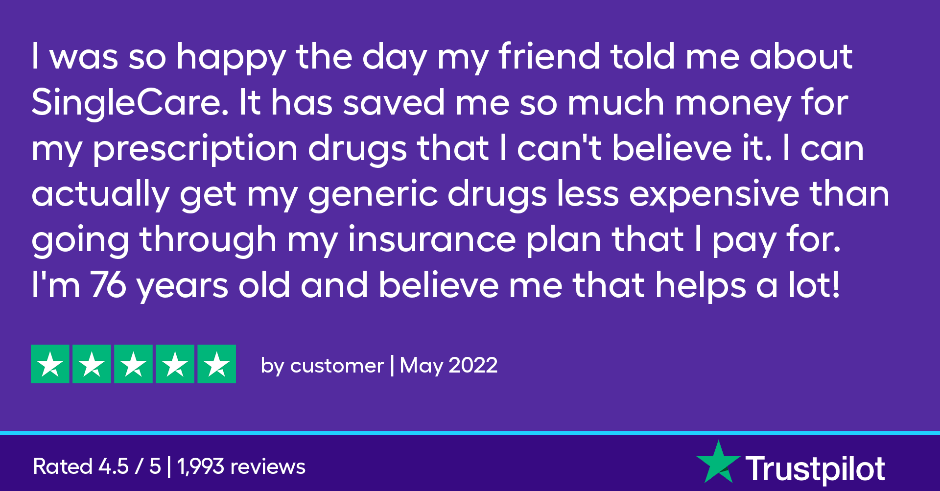 I was so happy the day my friend told me about SingleCare. It has saved me so much money for my prescription drugs that I can't believe it. I can actually get my generic drugs less expensive than going through my insurance plan that I pay for. I'm 76 years old and believe me that helps a lot!