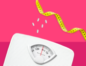 Bathroom scale with Rx pills and measuring tape: Diabetes medication for weight loss