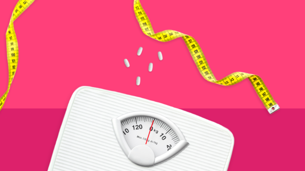 Bathroom scale with Rx pills and measuring tape: Diabetes medication for weight loss