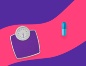 Bathroom scale and blue Rx pill: Contrave weight loss