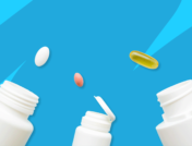 Three Rx pill bottles and floating pills: Ibuprofen (Motrin) alternatives