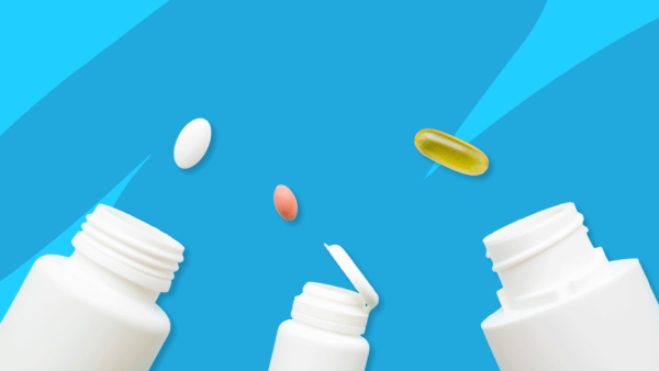 Three Rx pill bottles and floating pills: Ibuprofen (Motrin) alternatives