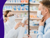Man holding throat talking to pharmacist: How to get rid of an itchy throat