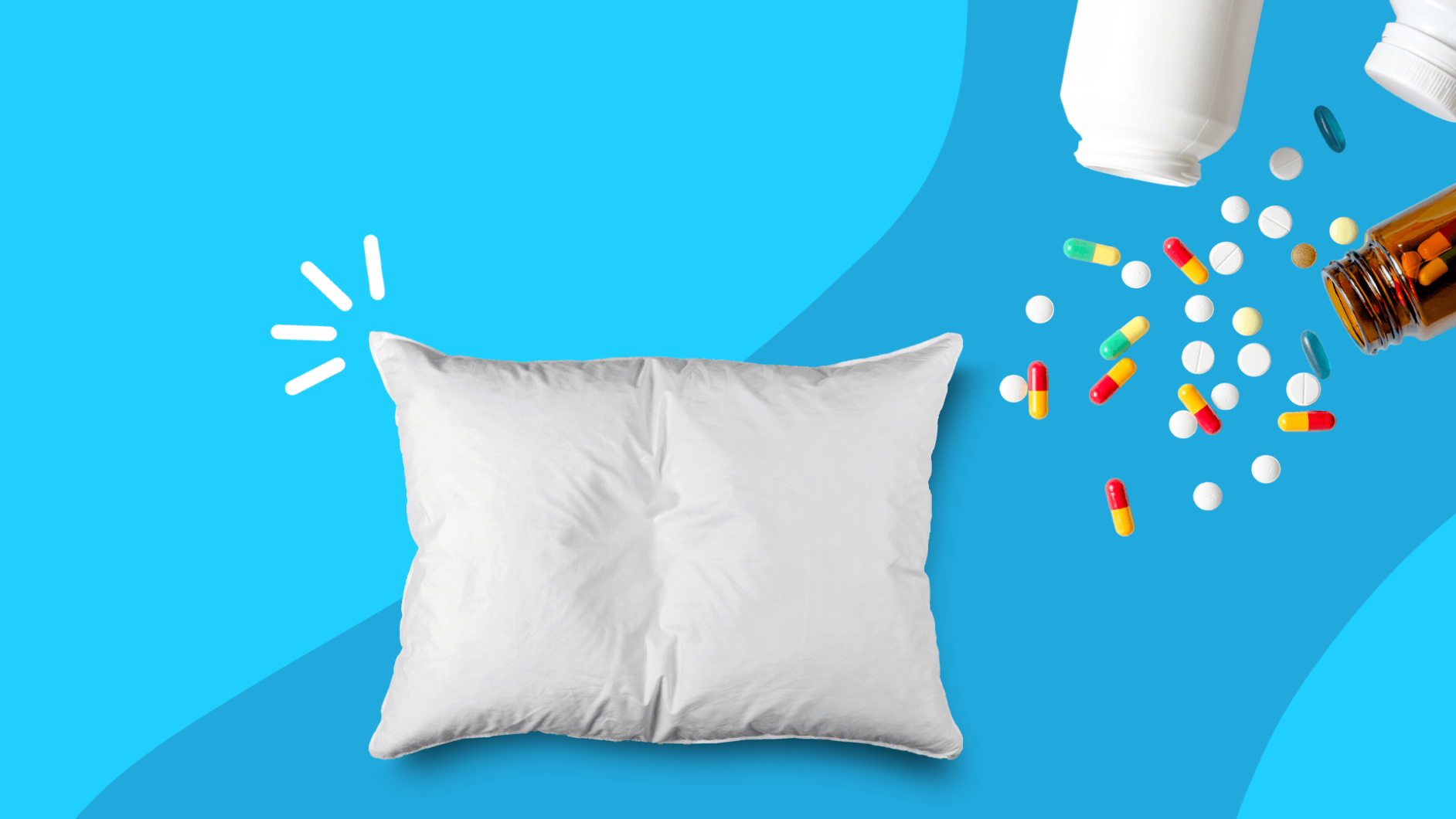 A pillow and pills coming out of bottles; sleep meds for elderly
