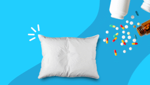 A pillow and pills coming out of bottles; sleep meds for elderly