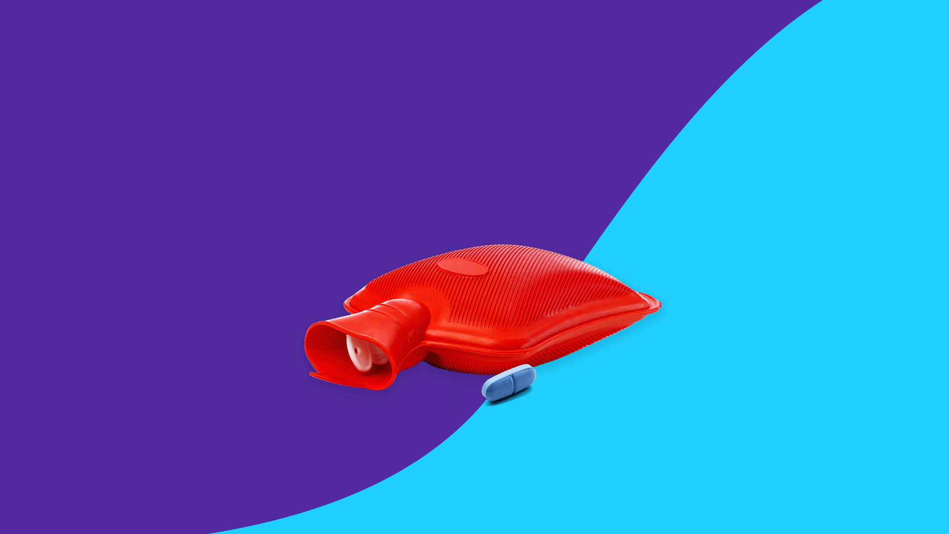 A red hot water bottle and two blue pills on a colorful background, suggesting warmth and medication for pain relief