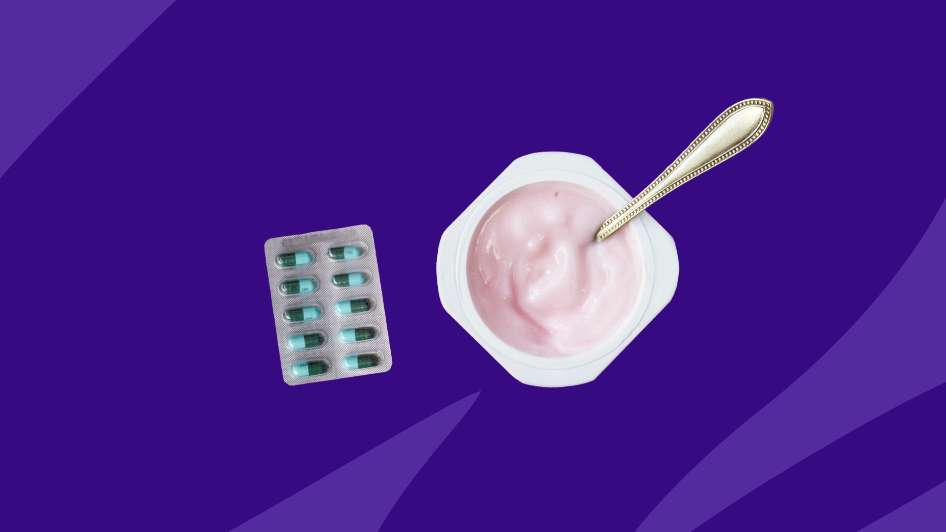 Yogurt and pills symbolize yeast infection from antibiotics