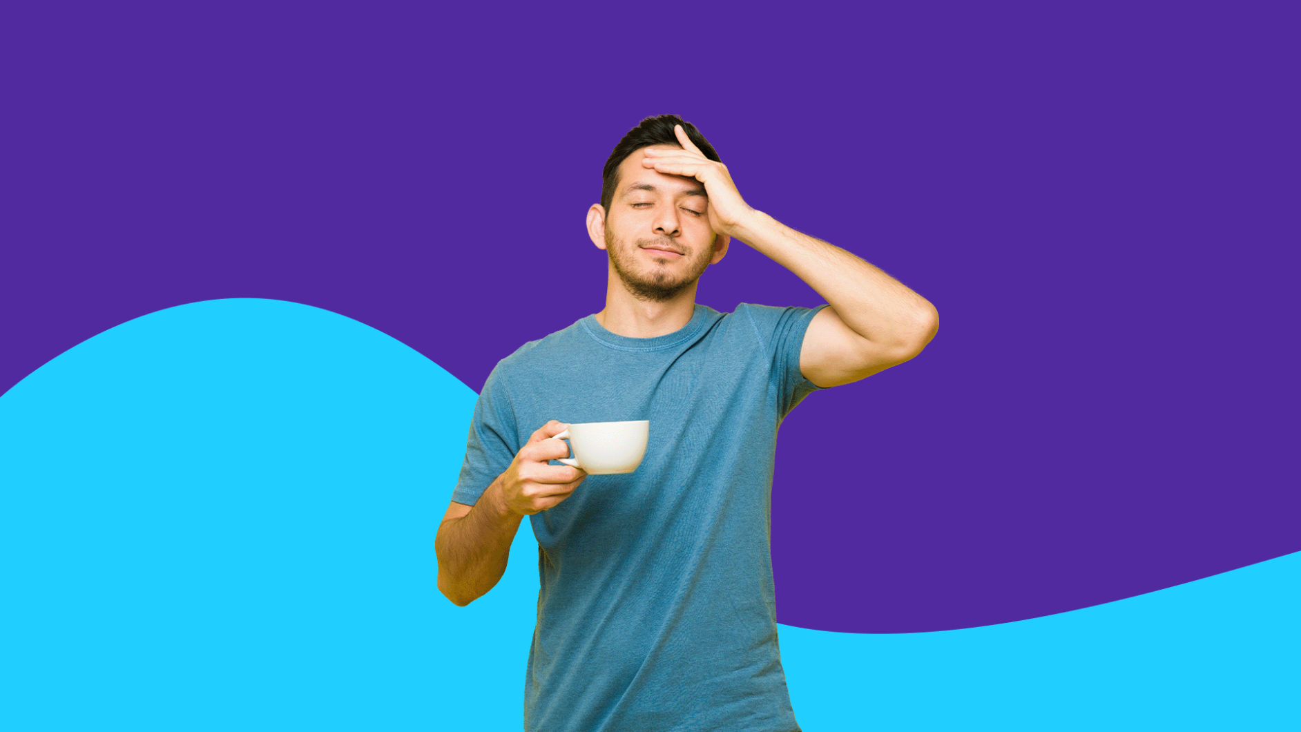 Man holding coffee cup with his hand on his forehead: Hangover headache