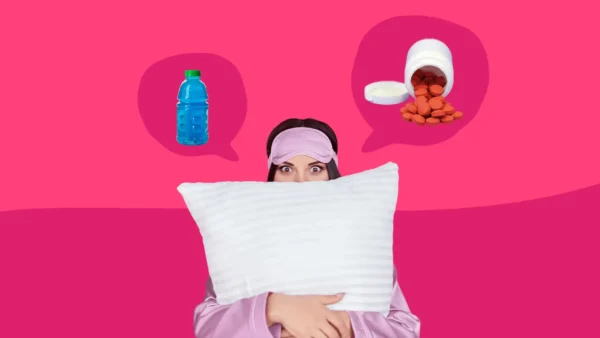 A person with a pillow with two image bubbles over their head: one with a sports drink and one with pain medication
