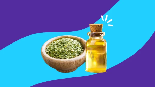 Oregano oil and herb in a bowl