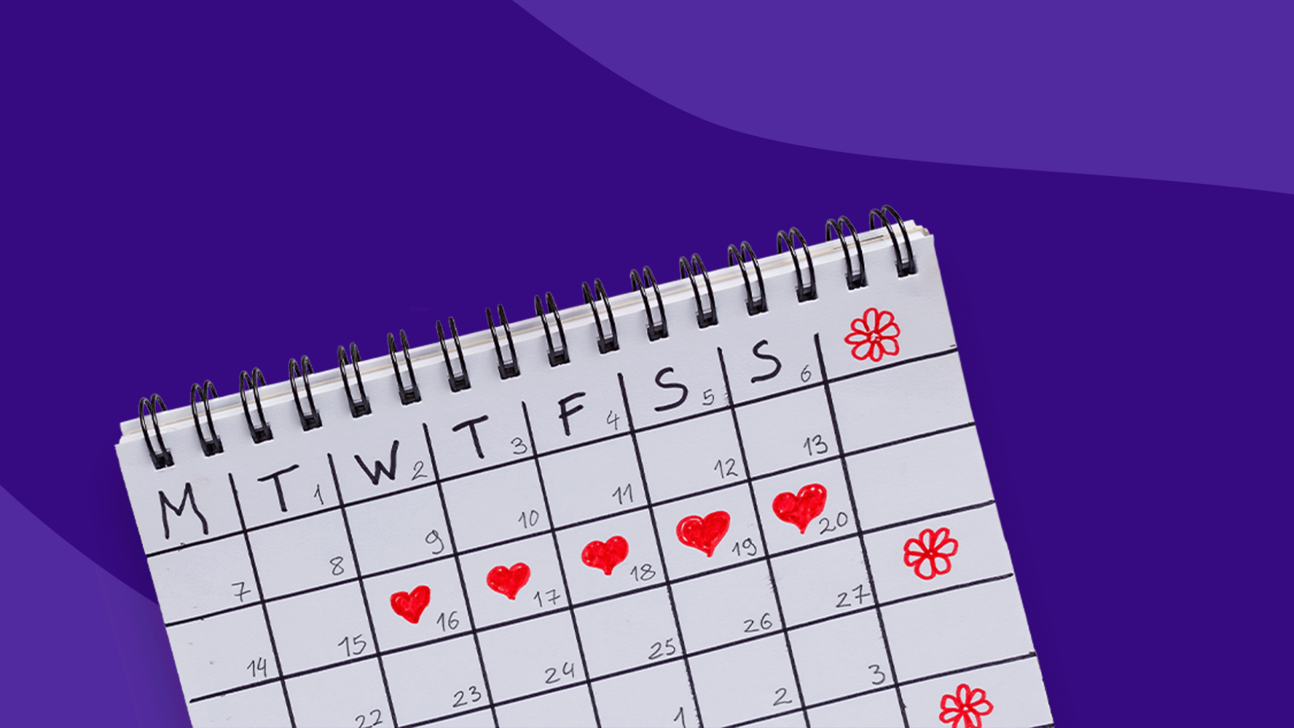 A calendar with five days marked with red hearts: How to make your period end faster