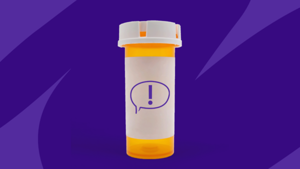 A pill bottle with an exclamation mark on the label: Testosterone side effects