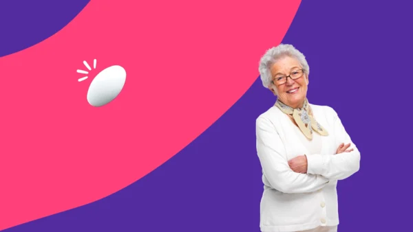 Smiling older adult next to a Zyrtec tablet - Zyrtec side effects in elderly