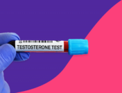 A gloved hand holding a testosterone blood test: High testosterone in men