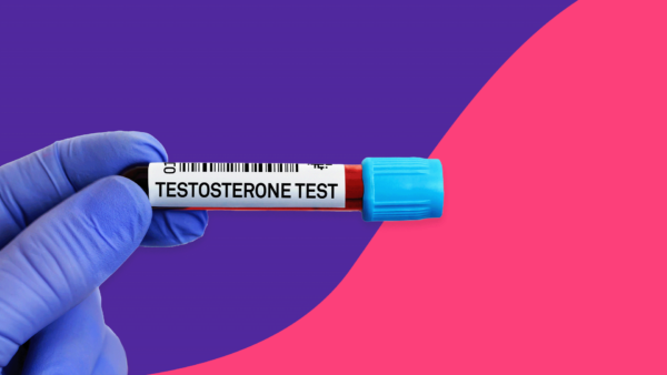 A gloved hand holding a testosterone blood test: High testosterone in men