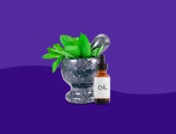 A mortar and pestle with leaves in it and a bottle of essential oils: Home remedies for mouth sores