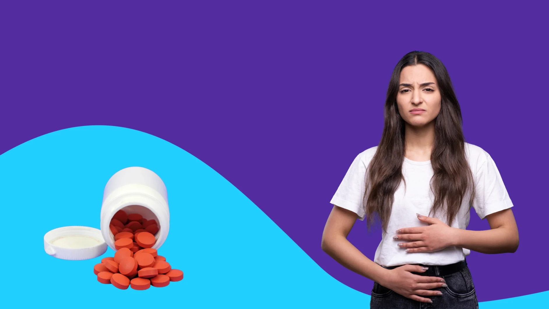 Image of ibuprofen and person holding their stomach - can you take ibuprofen on an empty stomach