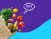 A bag of fruits and vegetables with question marks in a thought bubble: Foods that help with bloating
