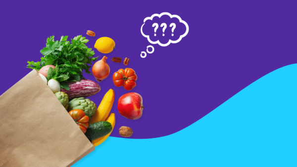 A bag of fruits and vegetables with question marks in a thought bubble: Foods that help with bloating