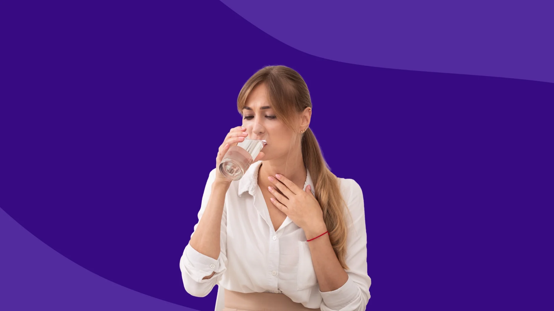 A woman holding her throat and drinking water: Does ibuprofen help with sore throat?