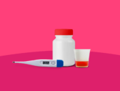 Cough syrup in a dosing cup with pill bottle and thermometer: Can I take ibuprofen with Dayquil?