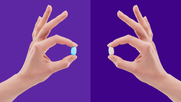 Two hands holding different OTC drugs: Can you take ibuprofen with Mucinex?