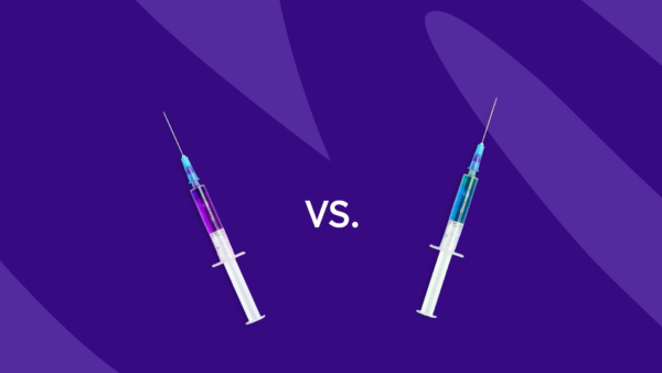 Two syringes with "vs." between them: Saxenda vs. Wegovy price comparison