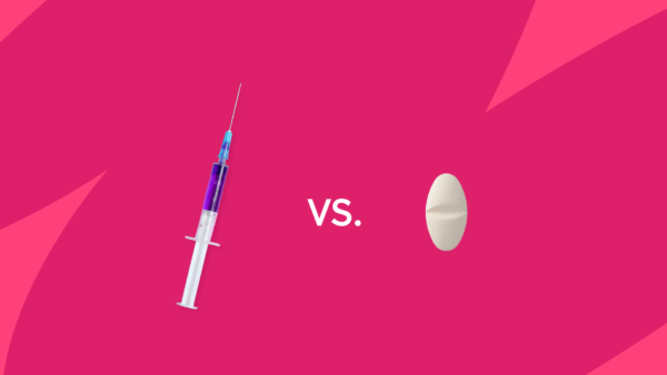 A syringe and a pill with a vs between them: Trulicity vs. Jardiance: Differences, similarities & side effects