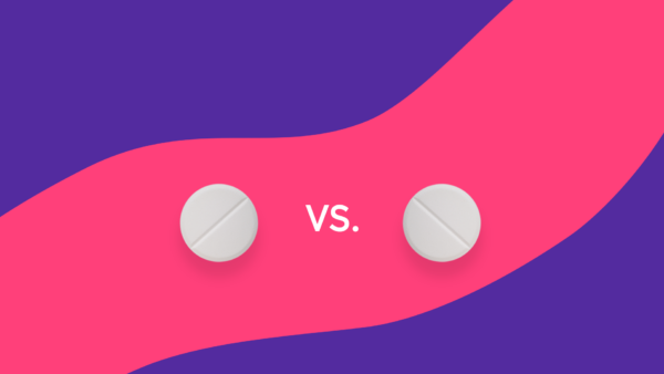 Two round pills with a vs. between them: Ubrelvy vs. Nurtec: Differences, similarities & side effects