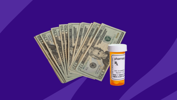 Several $20 bills and a prescription bottle: How to save on Vraylar: Patient assistance & more